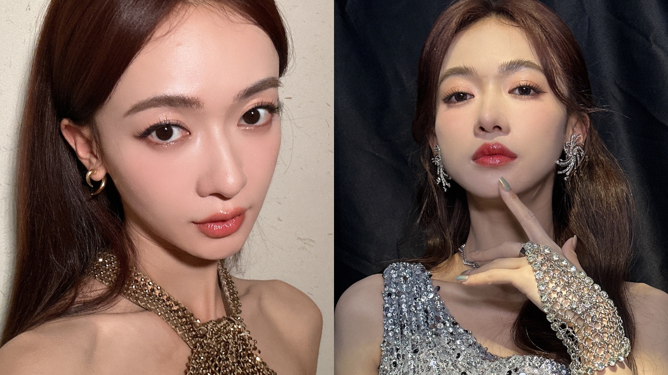 Ngô Cẩn Ngôn mặc đầm sequin, xõa tóc thẳng và đánh son bóng để selfie