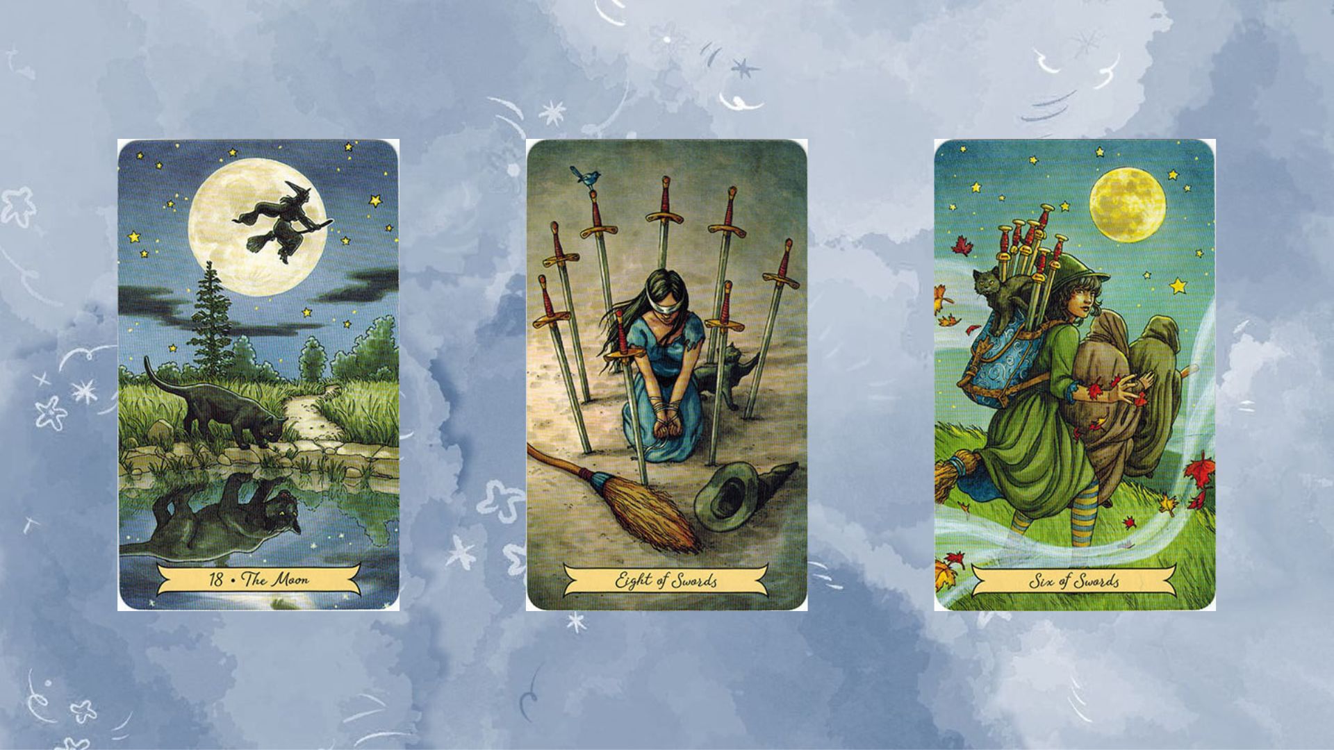 trải bài tarot tụ 1 gồm Bạn có: The Moon – Eight of Swords – Six of Swords