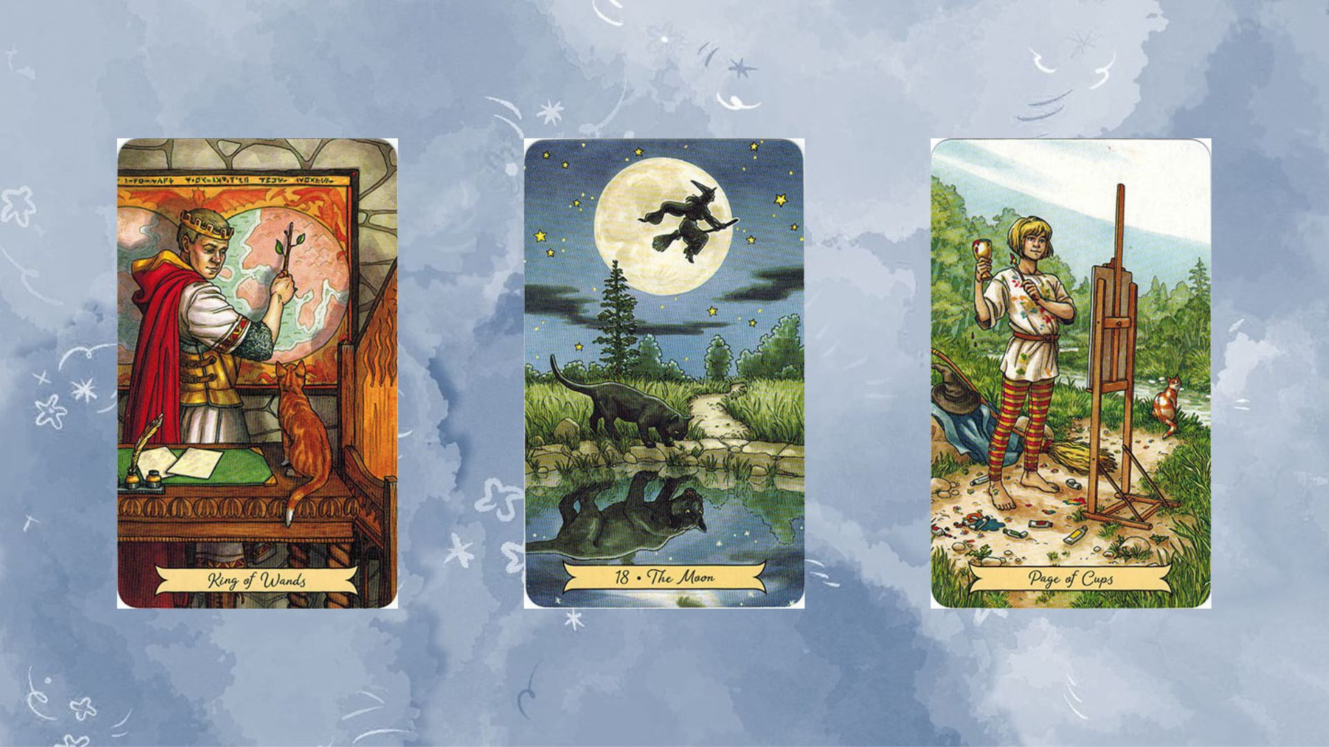 trải bài tụ 3 gồm Bạn có: King of Wands – The Moon – Page of Cups